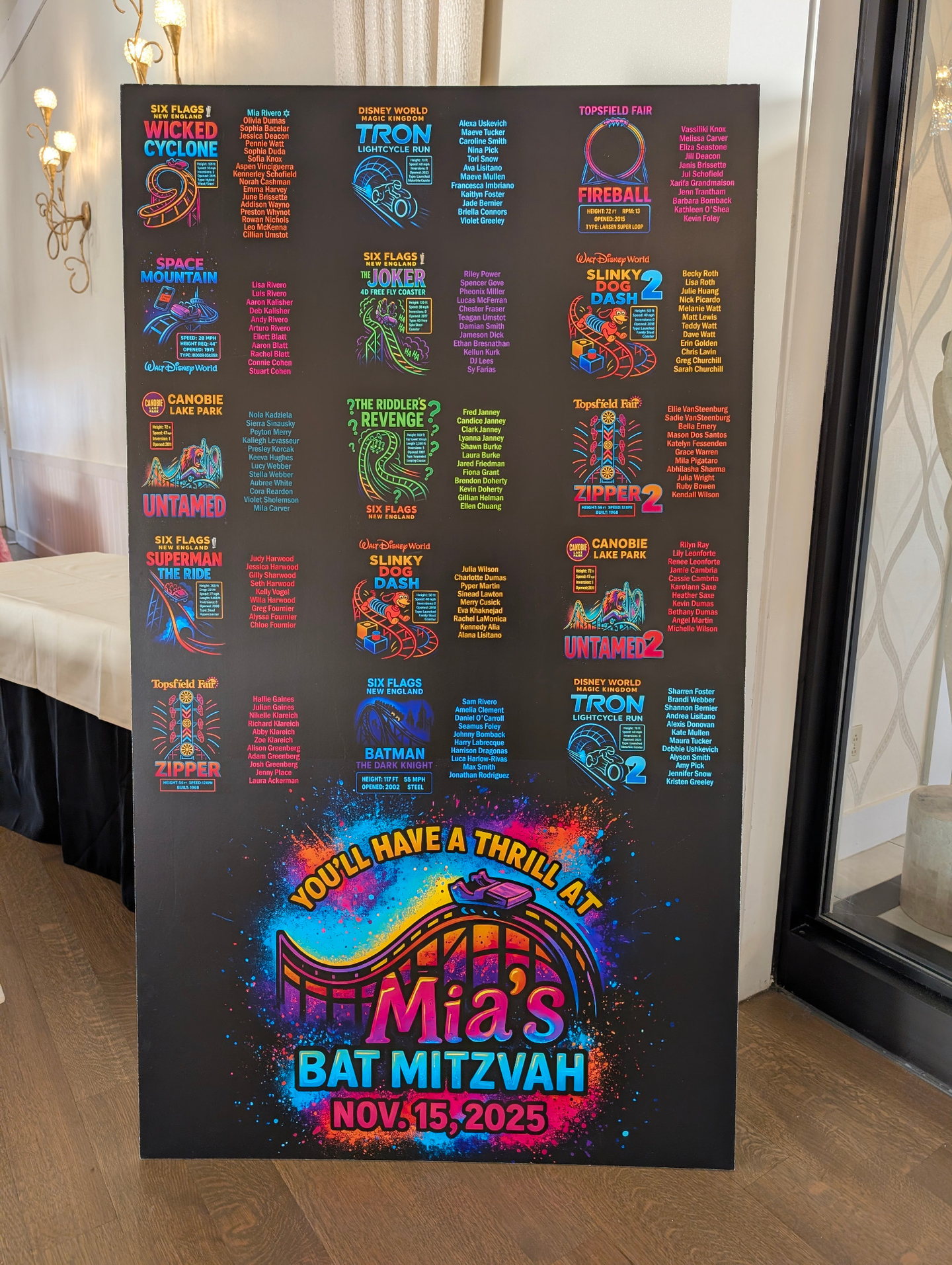 Amusement-park-themed event seating chart with colorful ride graphics and guest table assignments