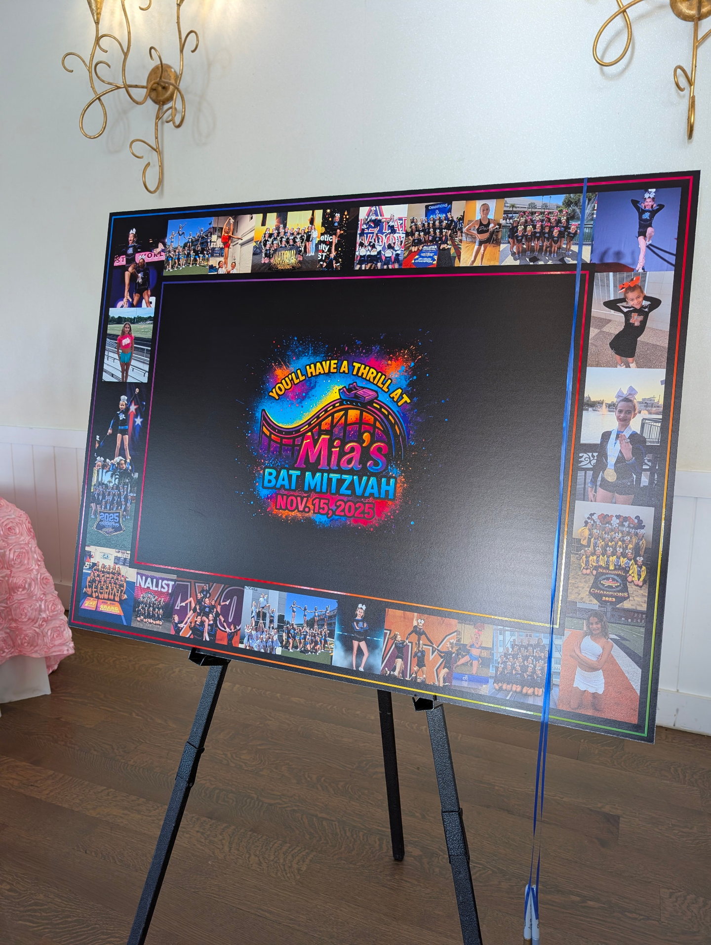 Custom cheerleading photo collage sign-in board with personalized event branding