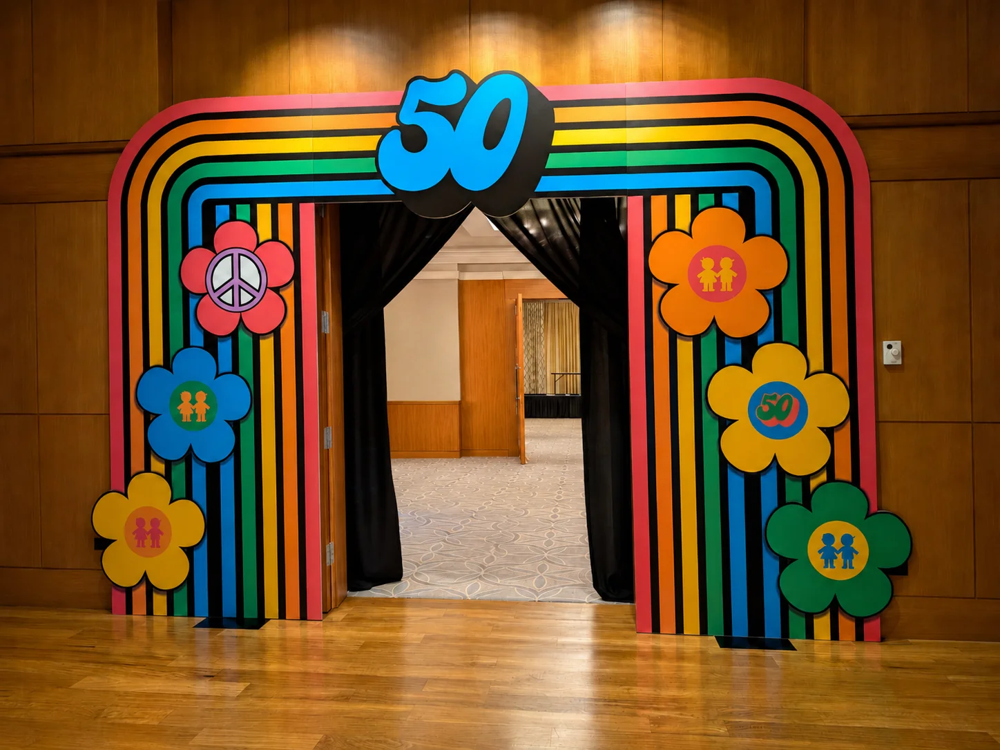 Completed custom retro entrance installation built for a milestone event