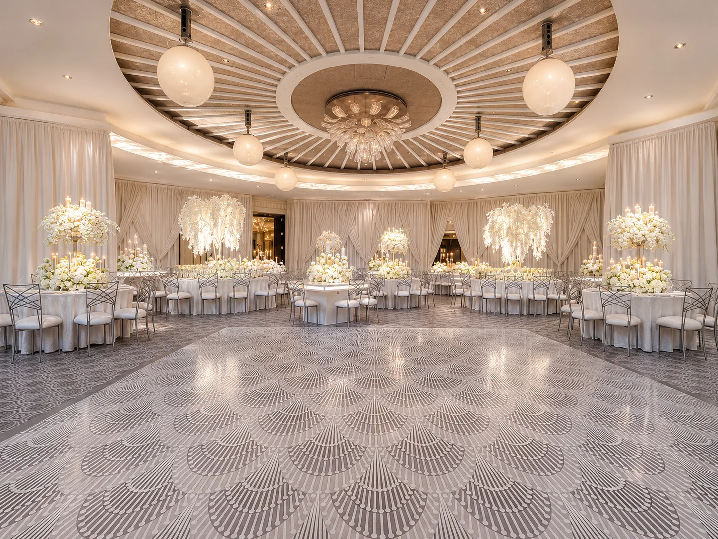 Wide ballroom view showing a full custom patterned wedding dance floor and coordinated floral environment