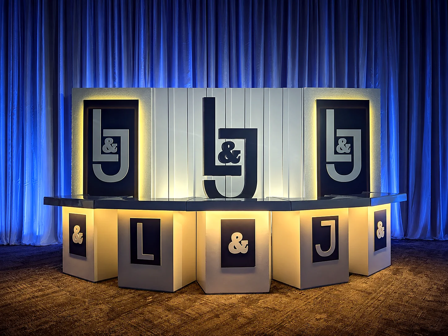 Custom illuminated event bar with dimensional monograms designed and fabricated by Mr 9